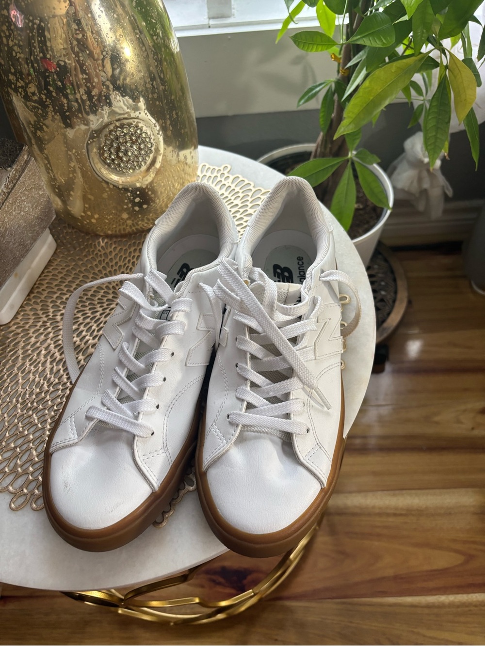New Balance White Leather Sneakers with Brown Gum Sole